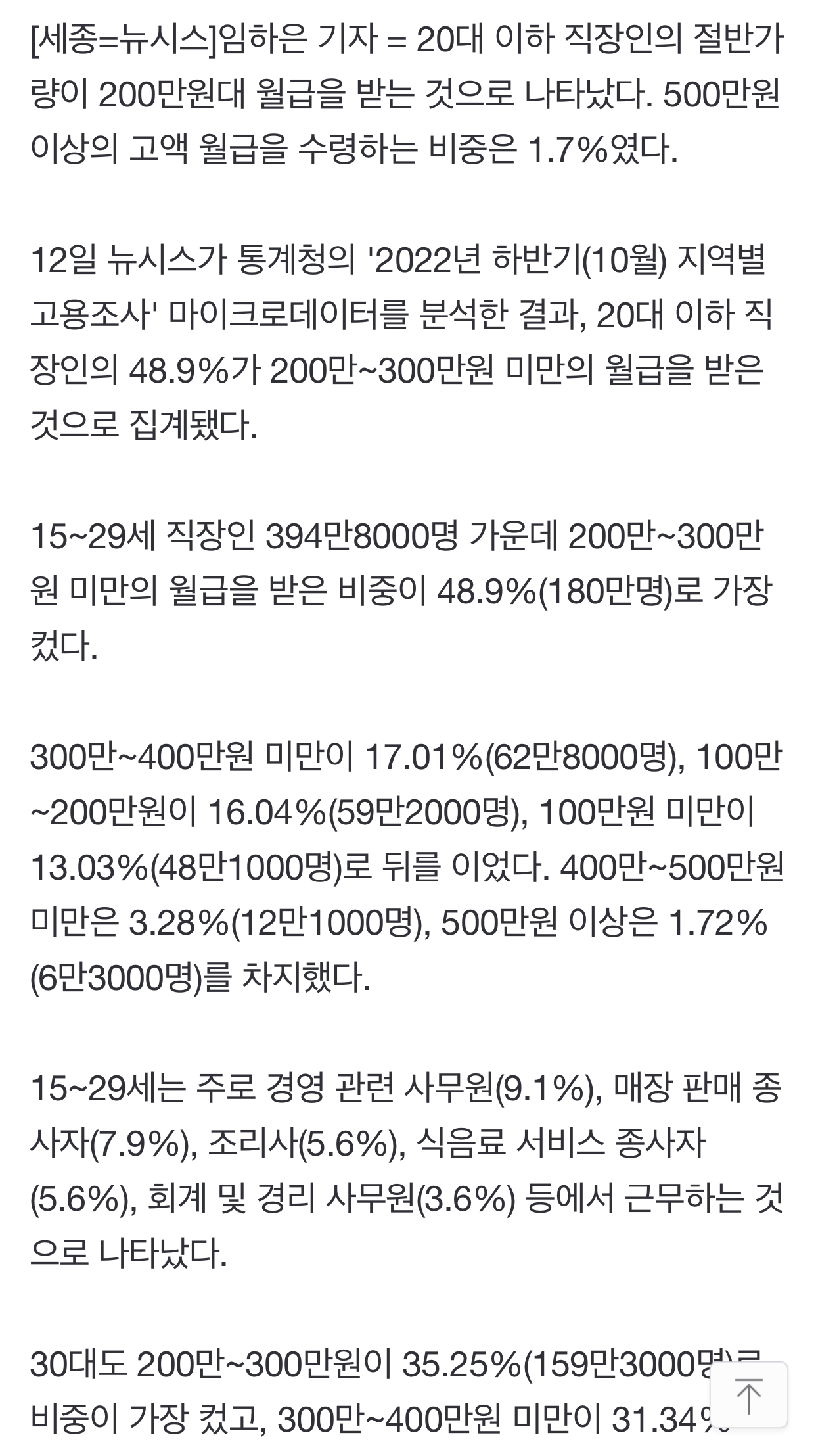 20대 직장인 48 9 월급 200만원대…500만원 이상은 1 7 잇싸