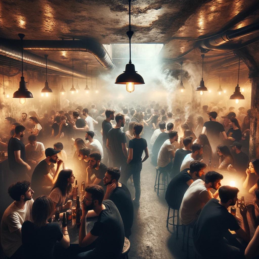 DALL·E 2024-04-26 23.35.23 - A spacious, dimly lit underground tavern bustling with a diverse crowd, including many young .webp.jpg