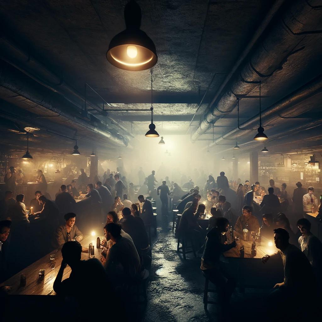 DALL·E 2024-04-26 23.35.15 - A spacious, dimly lit underground tavern with a vibrant nightlife scene, now with fewer ceili.webp.jpg