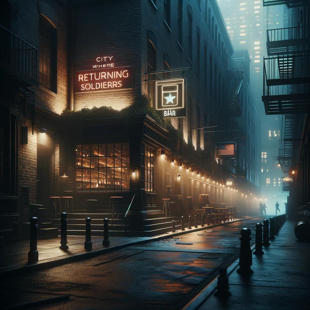 DALL·E 2024-04-26 23.35.37 - A dark alley in a city where returning soldiers gather, featuring a dimly lit underground bar.webp.jpg