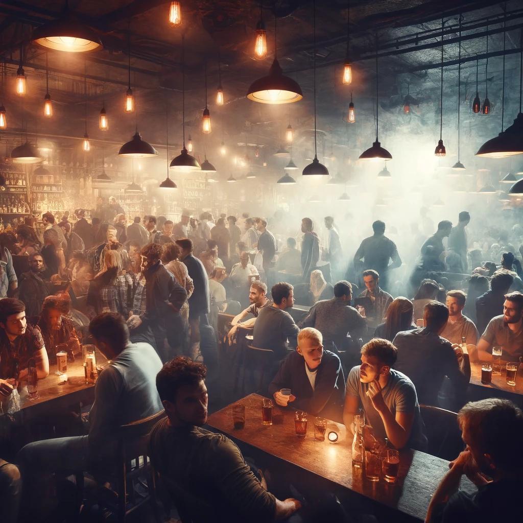 DALL·E 2024-04-26 23.35.02 - A spacious, dimly lit underground tavern bustling with a diverse crowd of both men and women,.webp.jpg